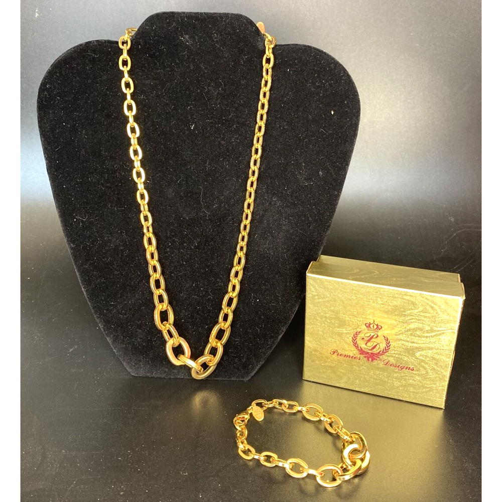 Premier Designs Jewelry Gold Tone Chunky 10" Chain Necklace and Bracelet SKU PD9